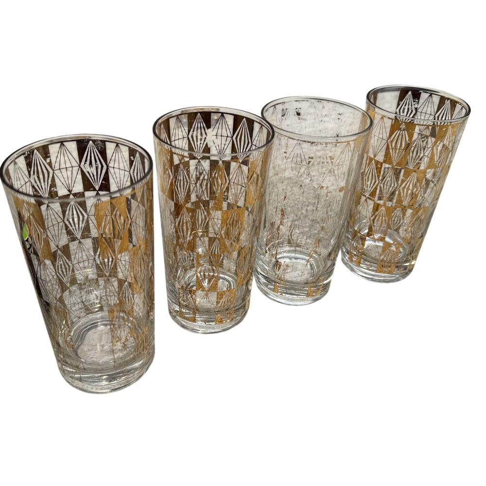 4 Vintage Mid Century MCM Gold Reflective Diamond Print Glasses Tumblers - READ